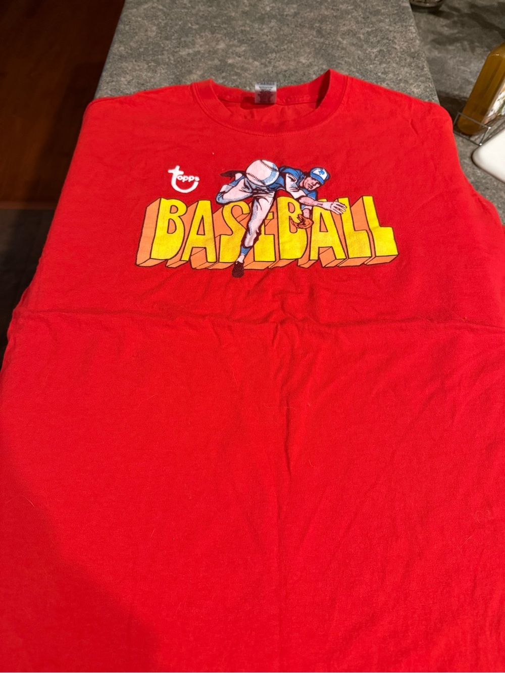 Topps Bright Red Tee with Yellow Baseball Graphic